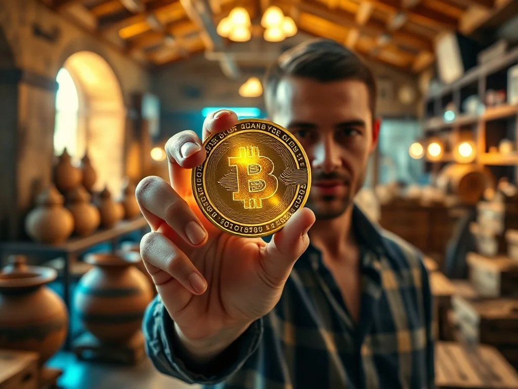 Dłoń trzymająca złotą monetę zmieniającą się w kod cyfrowy, symbolizująca ewolucję pieniądza od handlu po kryptowaluty.