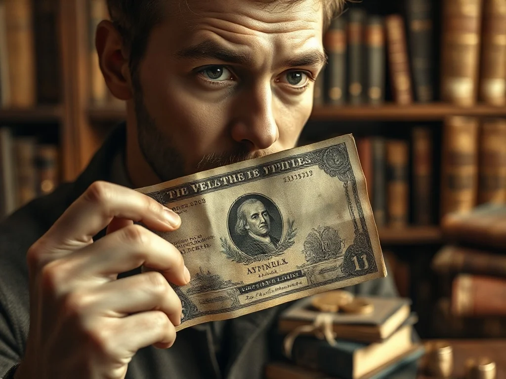 Mężczyzna trzyma w dłoniach zabytkowy banknot, podkreślając historyczne znaczenie pieniądza papierowego.