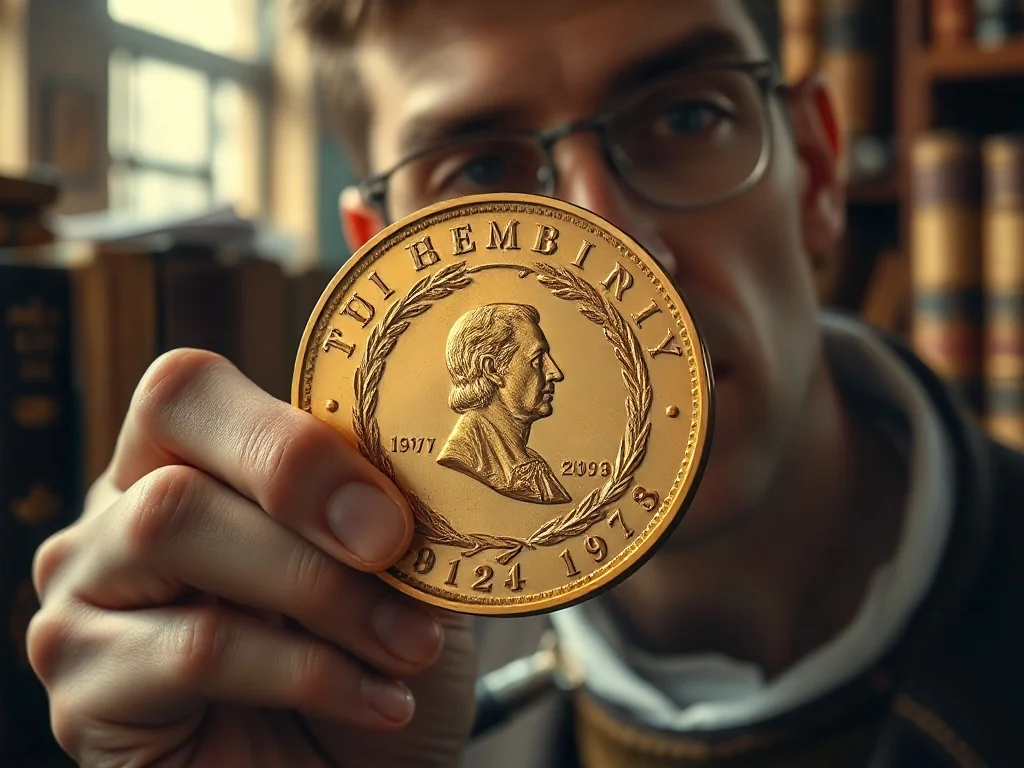 Złota moneta kolekcjonerska z historycznymi grawerunkami trzymana w dłoni na tle gabinetu z antycznymi książkami.